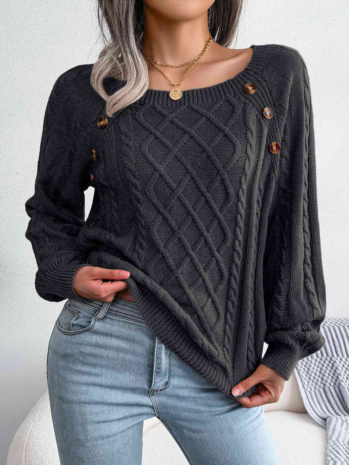 Decorative Button Cable-Knit Sweater BLUE ZONE PLANET