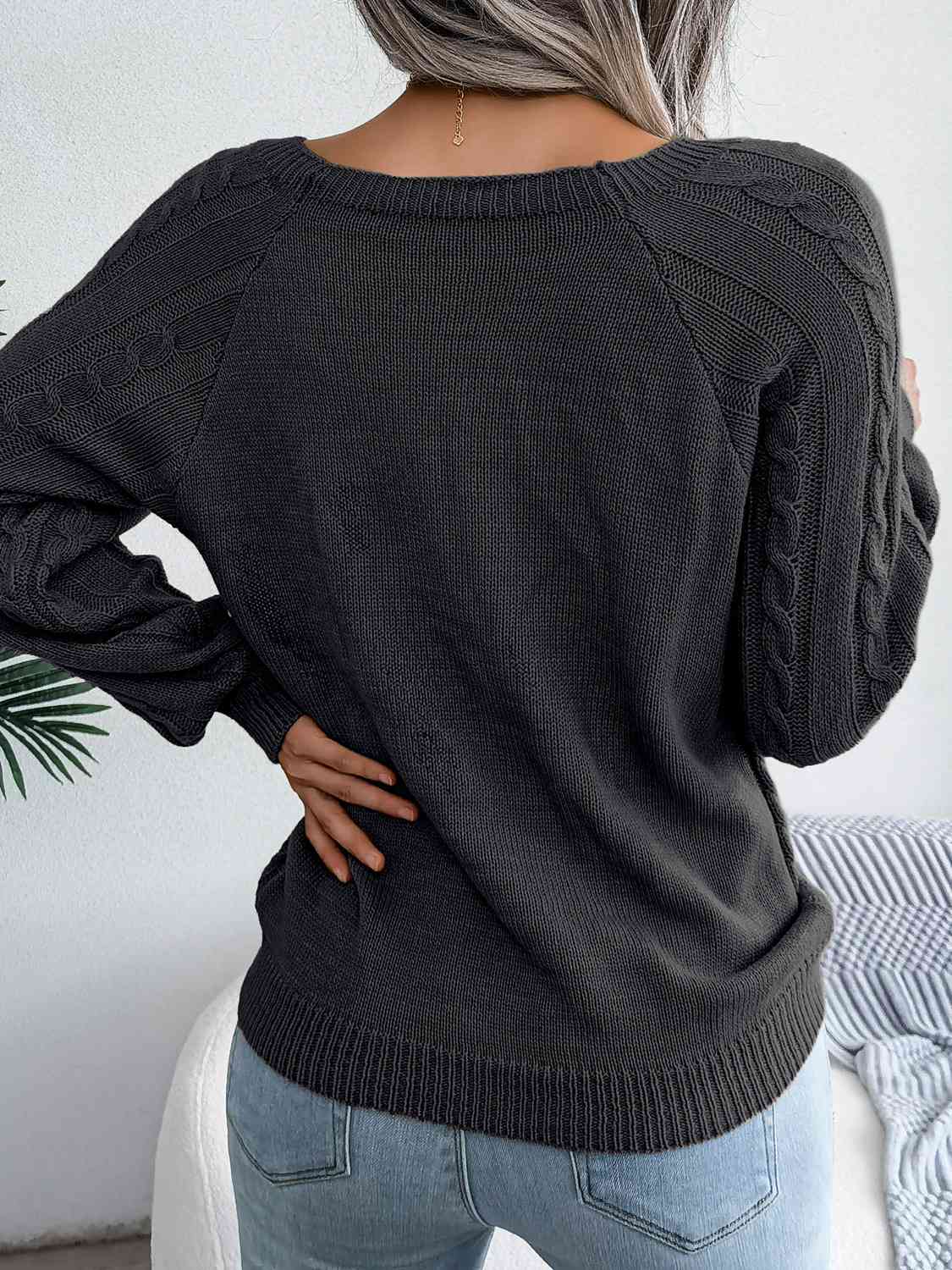 Decorative Button Cable-Knit Sweater BLUE ZONE PLANET