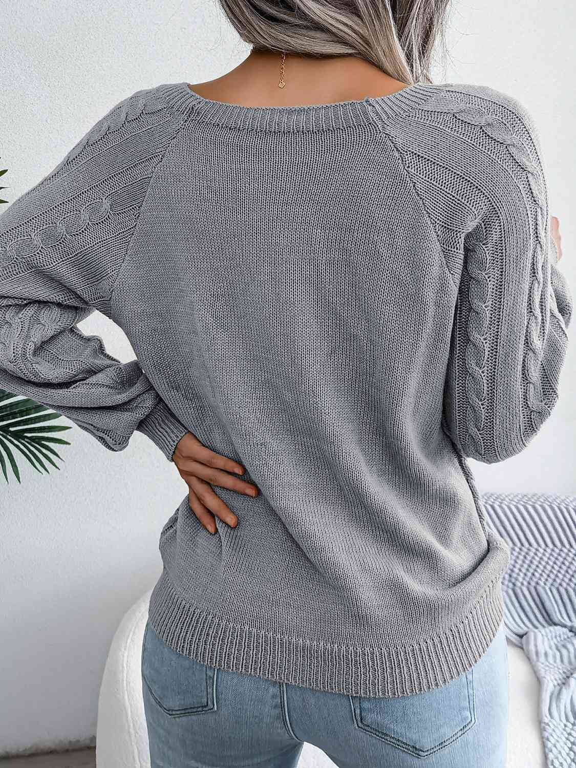 Decorative Button Cable-Knit Sweater BLUE ZONE PLANET
