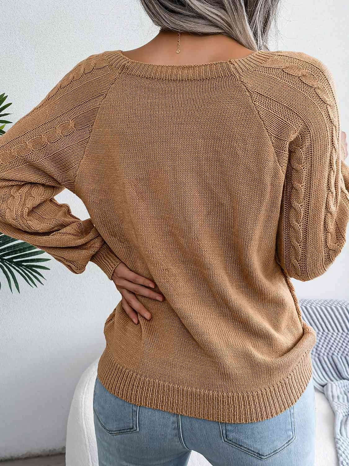 Decorative Button Cable-Knit Sweater BLUE ZONE PLANET