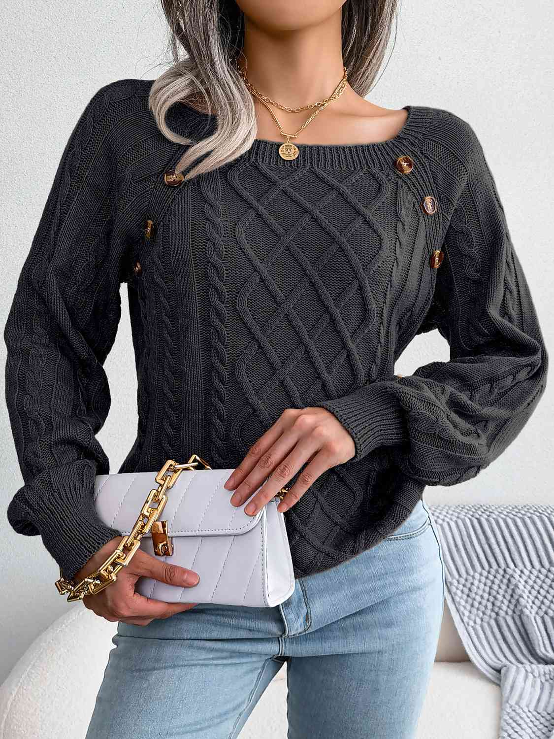 Decorative Button Cable-Knit Sweater BLUE ZONE PLANET