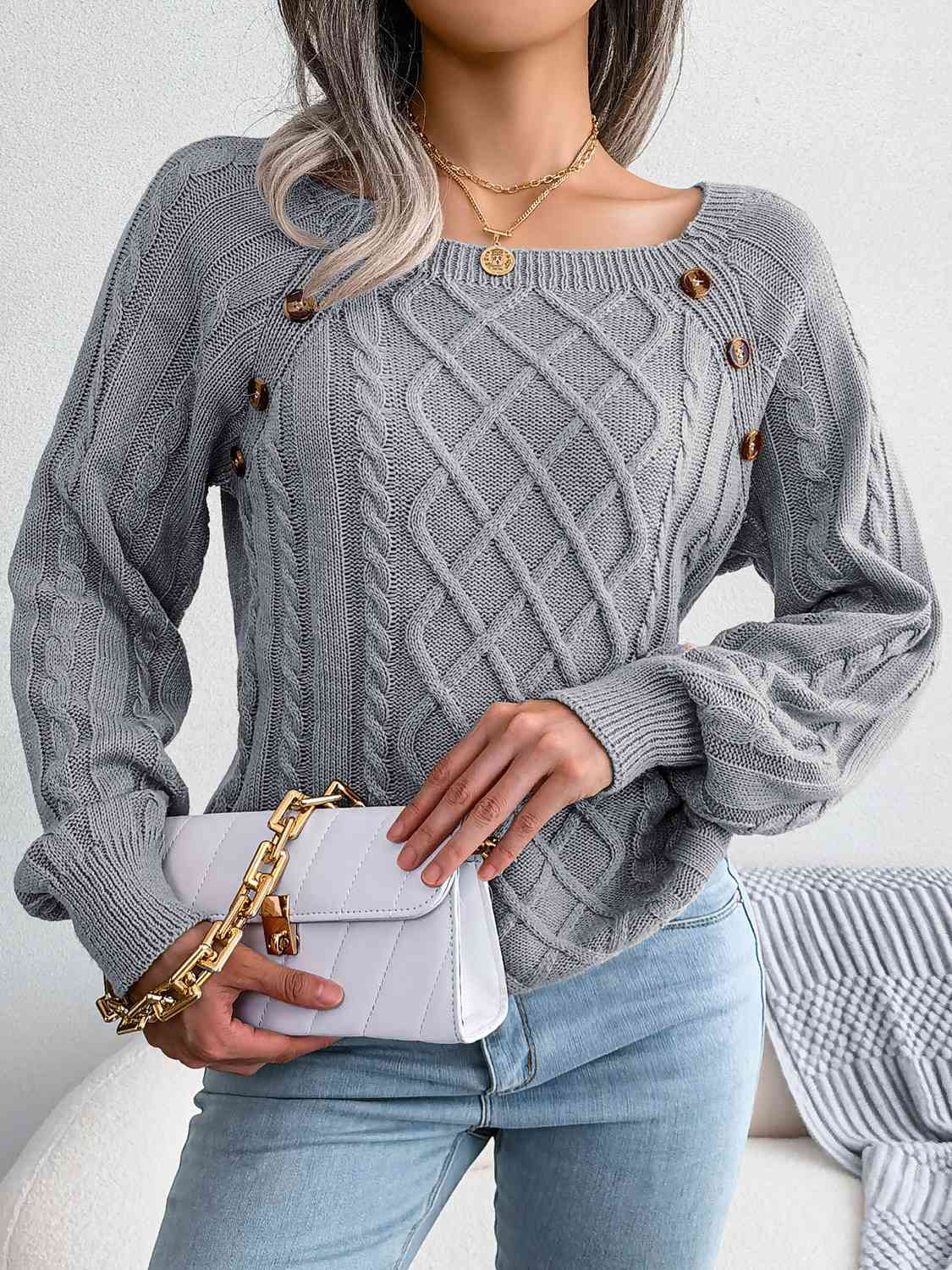 Decorative Button Cable-Knit Sweater BLUE ZONE PLANET