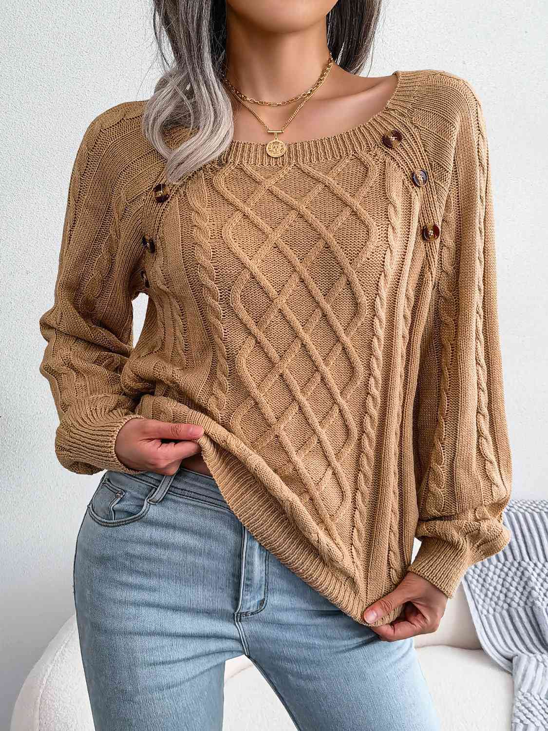 Decorative Button Cable-Knit Sweater BLUE ZONE PLANET