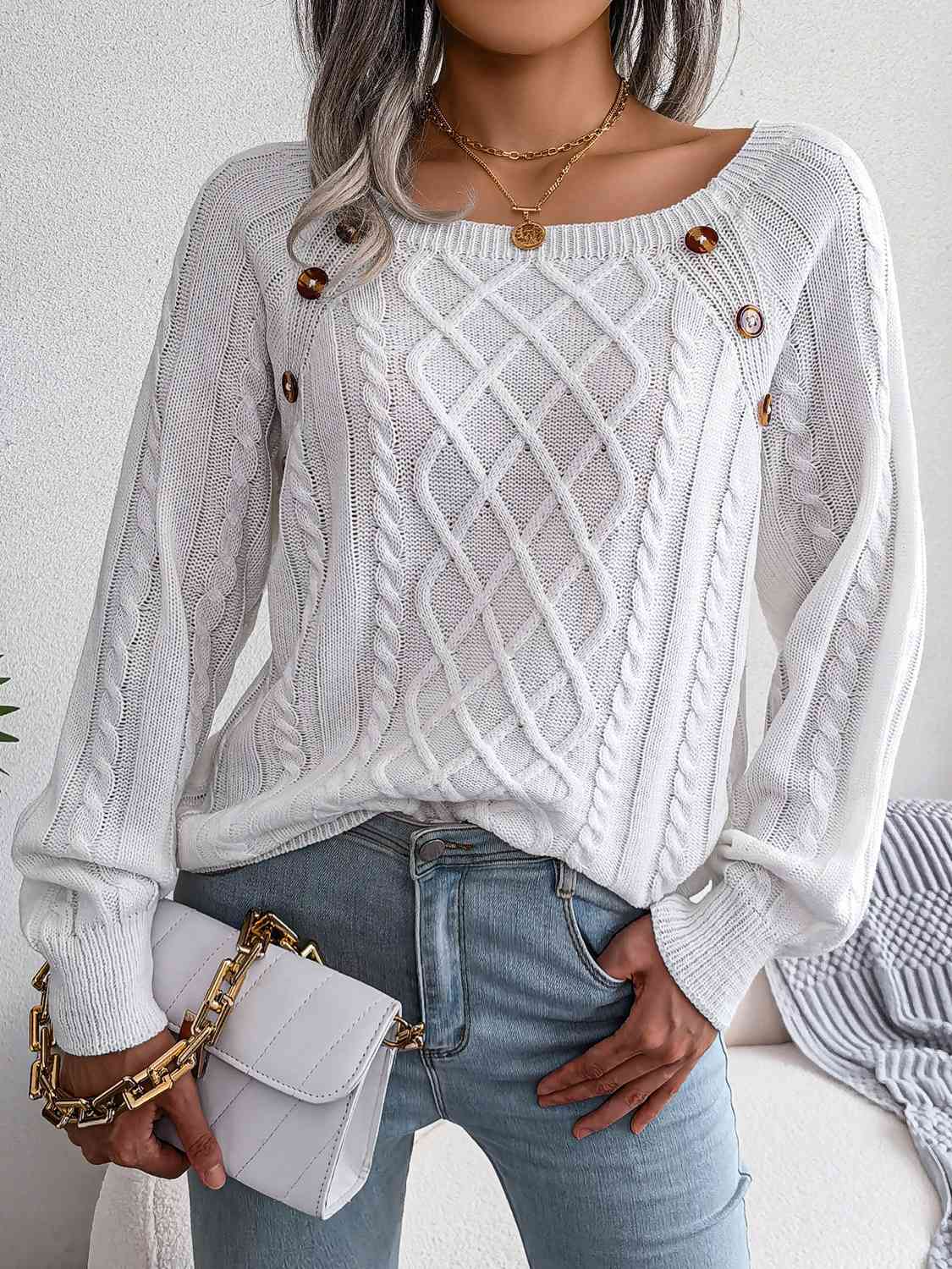 Decorative Button Cable-Knit Sweater BLUE ZONE PLANET