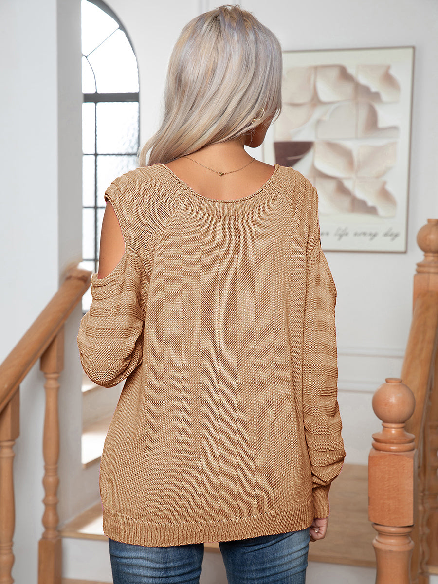 Decorative Button Cold-Shoulder Sweater BLUE ZONE PLANET