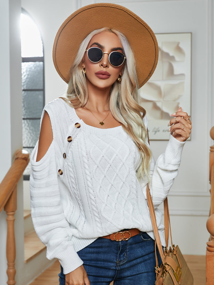 Decorative Button Cold-Shoulder Sweater BLUE ZONE PLANET