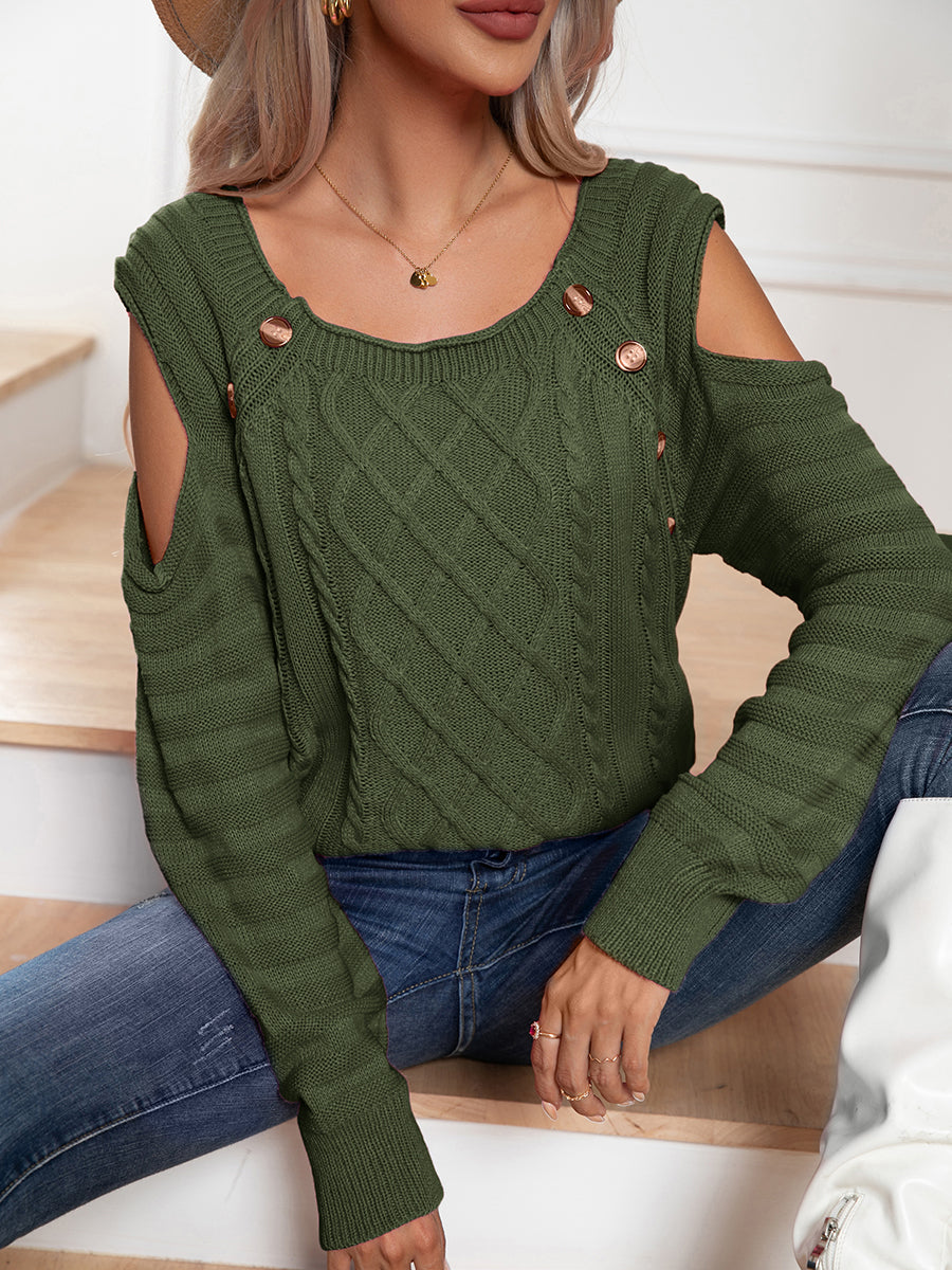 Decorative Button Cold-Shoulder Sweater BLUE ZONE PLANET