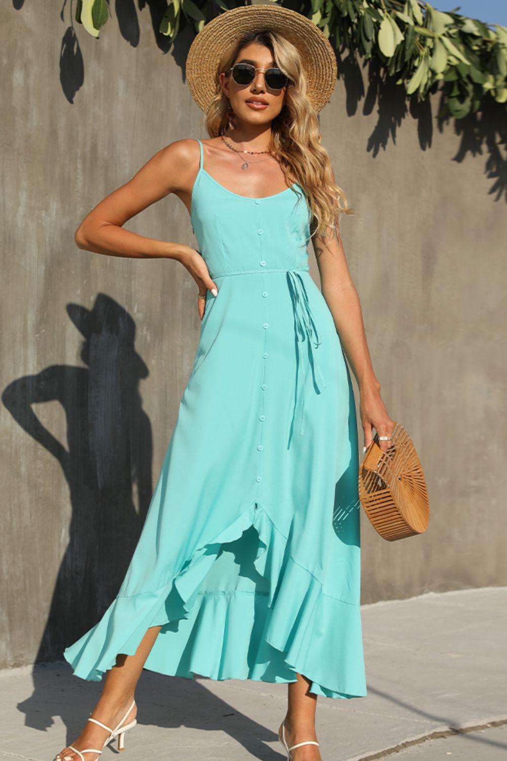 Decorative Button Spaghetti Strap Ruffle Hem Dress BLUE ZONE PLANET