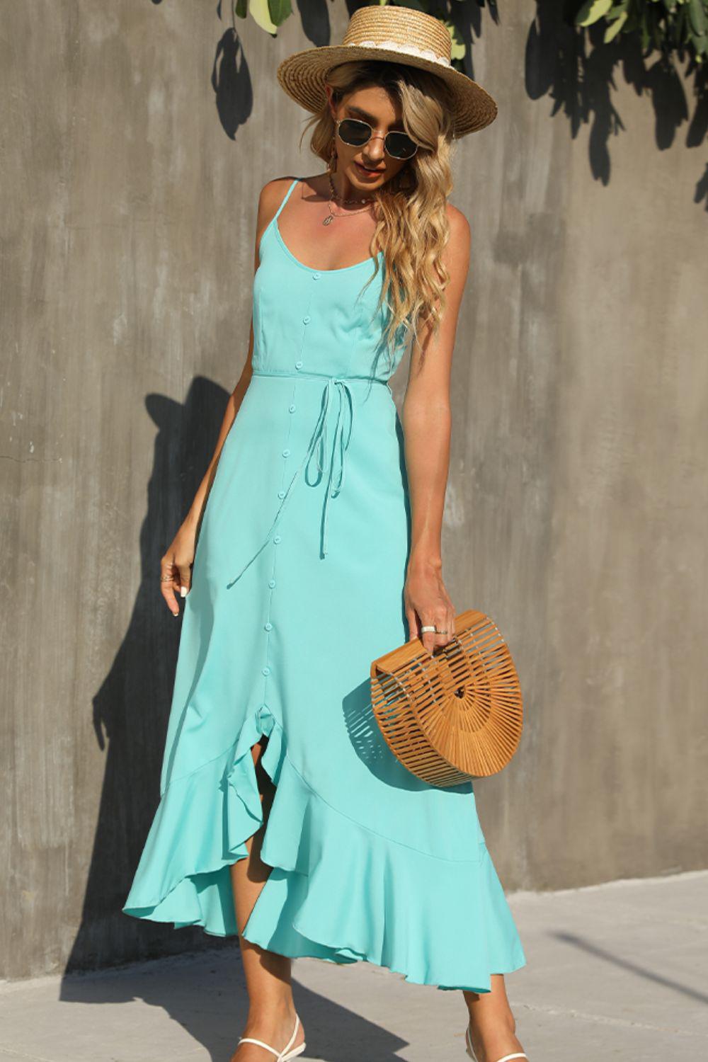 Decorative Button Spaghetti Strap Ruffle Hem Dress BLUE ZONE PLANET