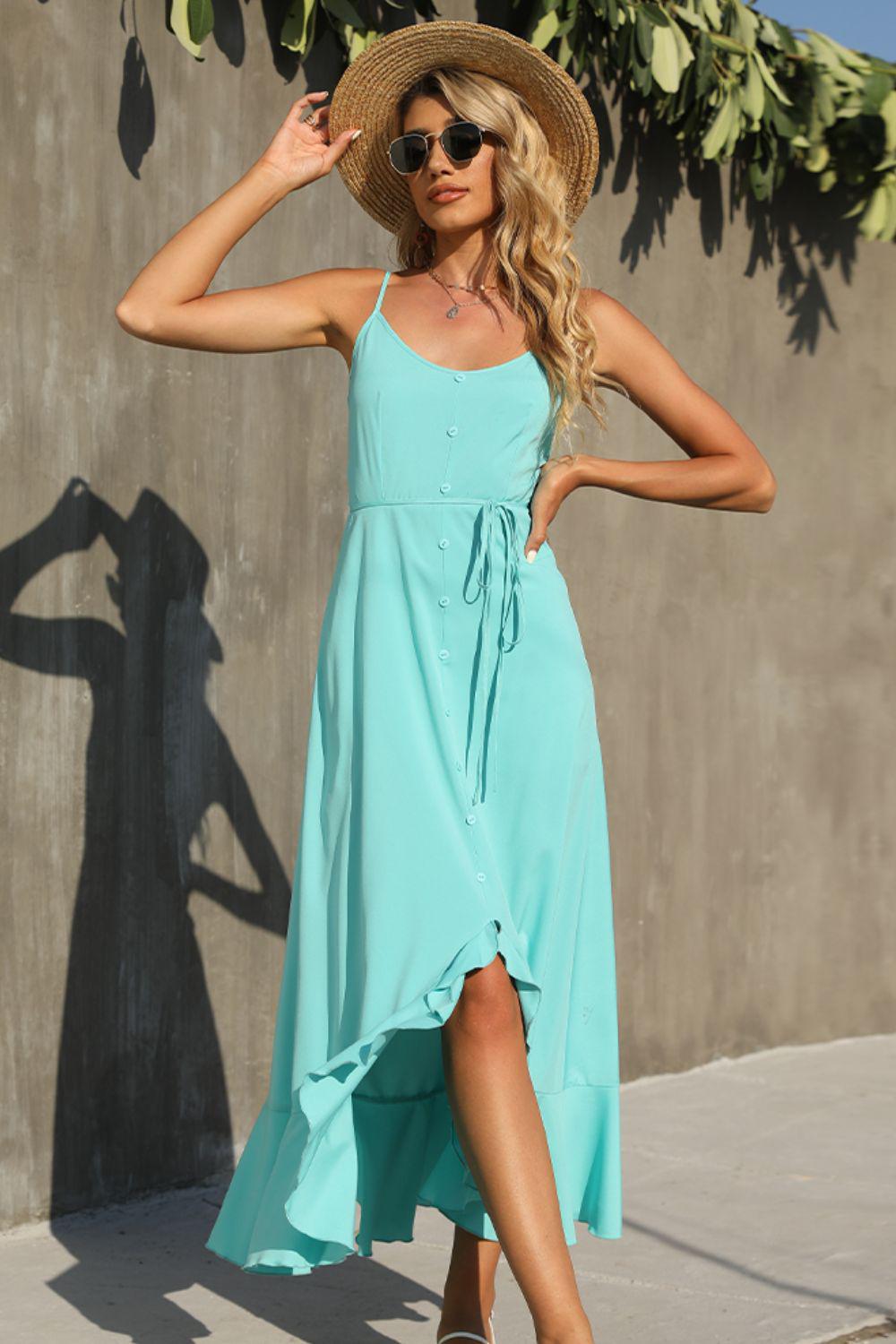 Decorative Button Spaghetti Strap Ruffle Hem Dress BLUE ZONE PLANET