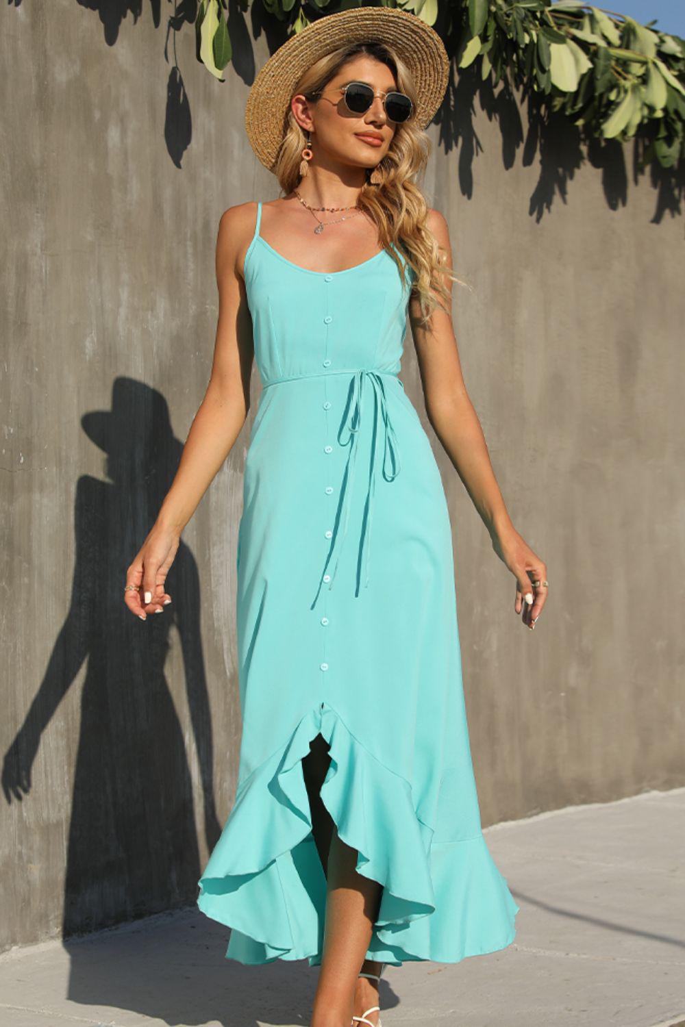 Decorative Button Spaghetti Strap Ruffle Hem Dress BLUE ZONE PLANET