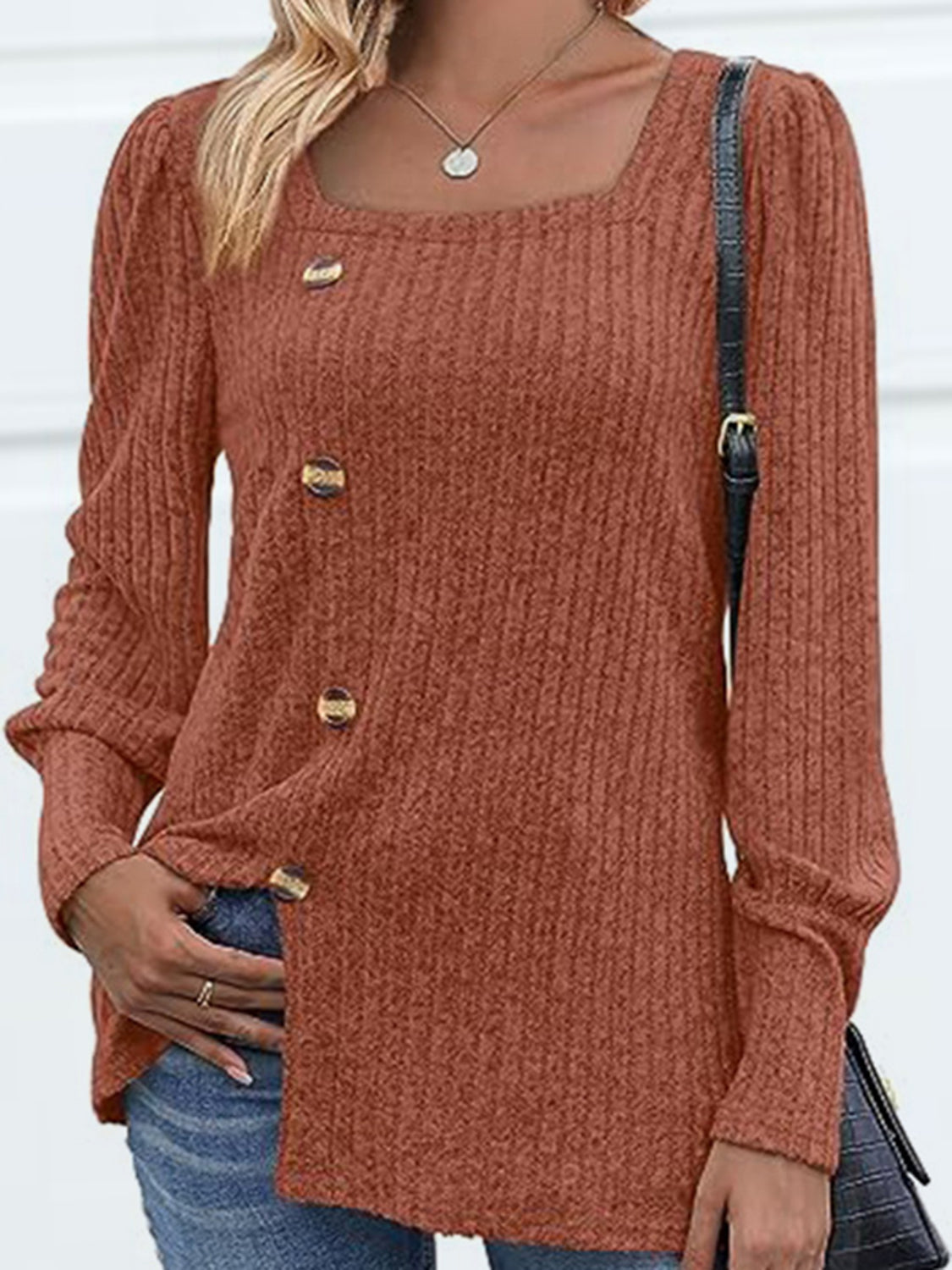 Decorative Button Square Neck Top BLUE ZONE PLANET