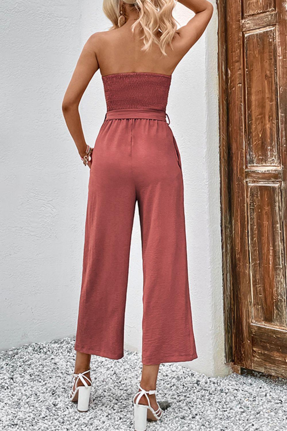 Decorative Button Strapless Smocked Jumpsuit with Pockets BLUE ZONE PLANET