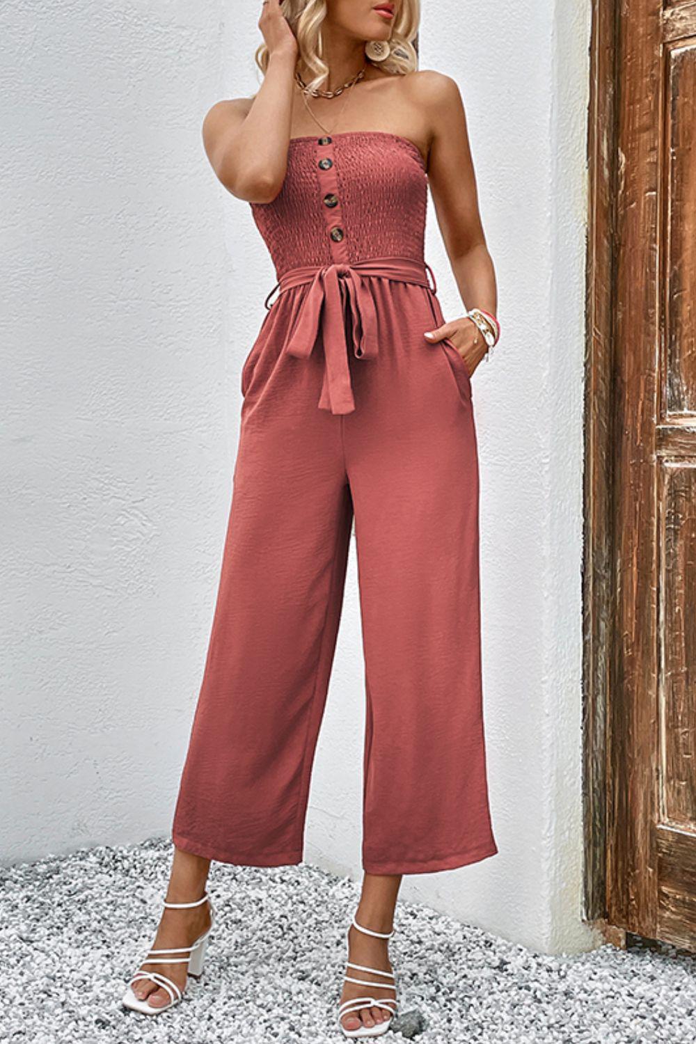 Decorative Button Strapless Smocked Jumpsuit with Pockets BLUE ZONE PLANET