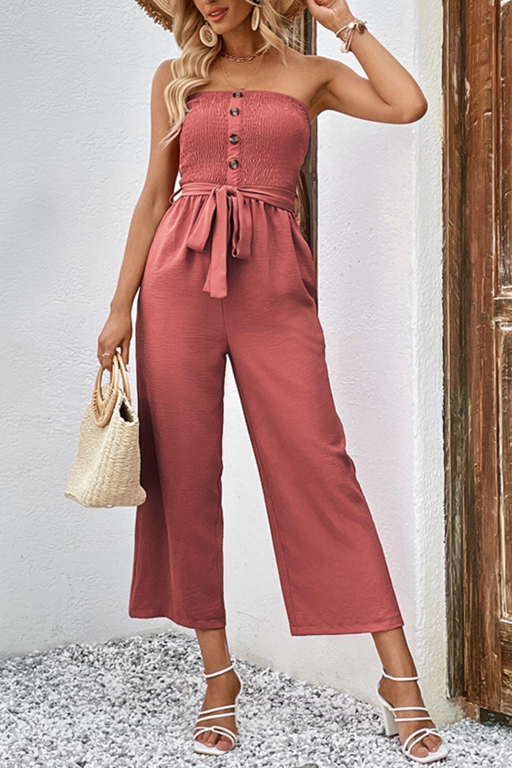 Decorative Button Strapless Smocked Jumpsuit with Pockets BLUE ZONE PLANET