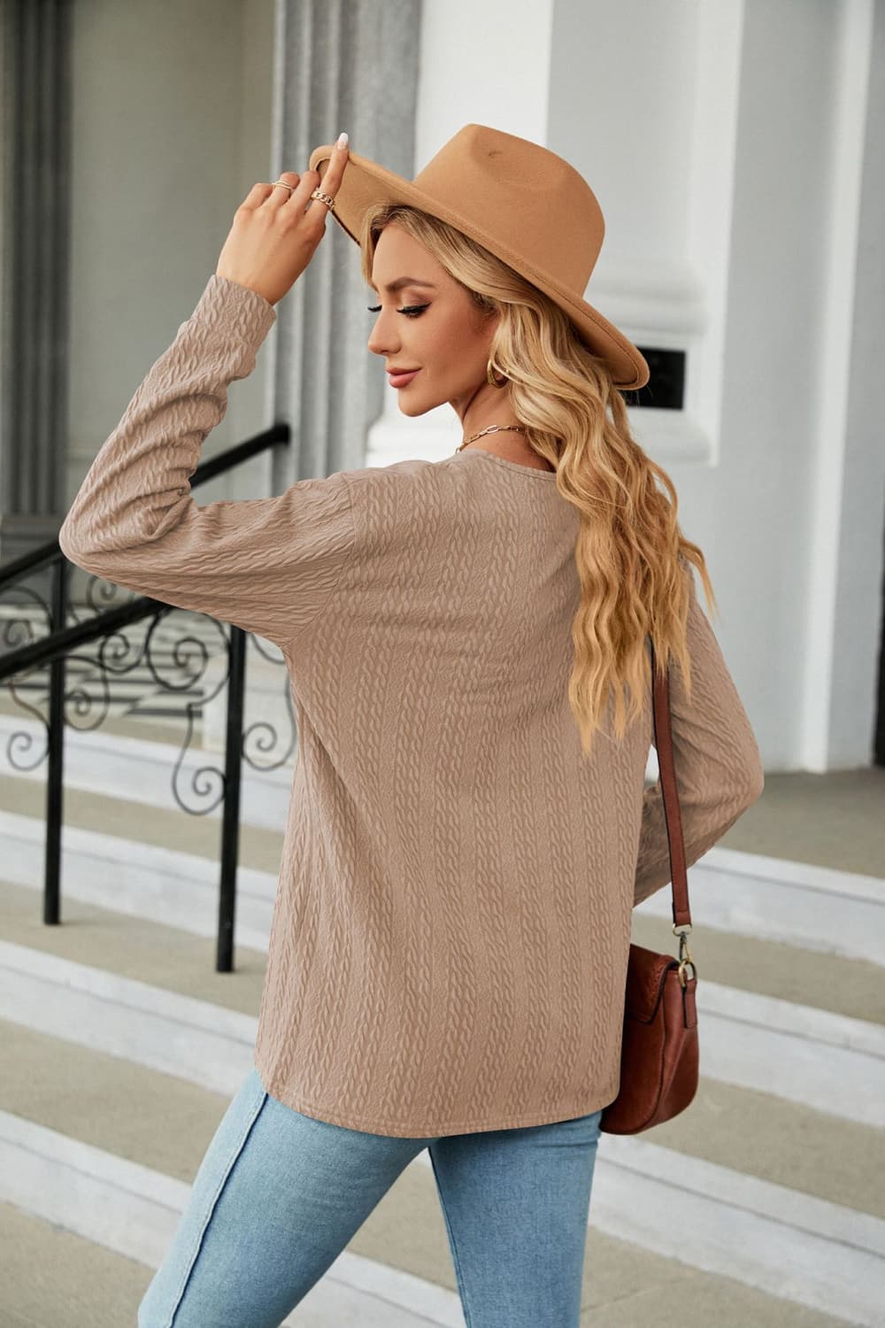 Decorative Button V-Neck Long Sleeve T-Shirt BLUE ZONE PLANET