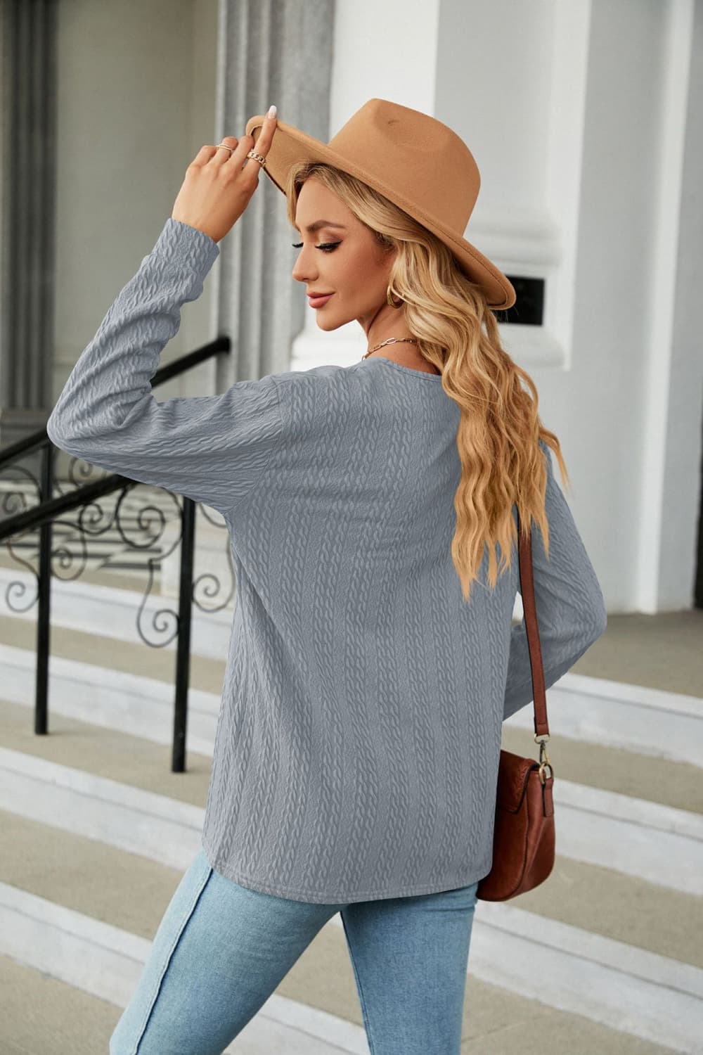 Decorative Button V-Neck Long Sleeve T-Shirt BLUE ZONE PLANET