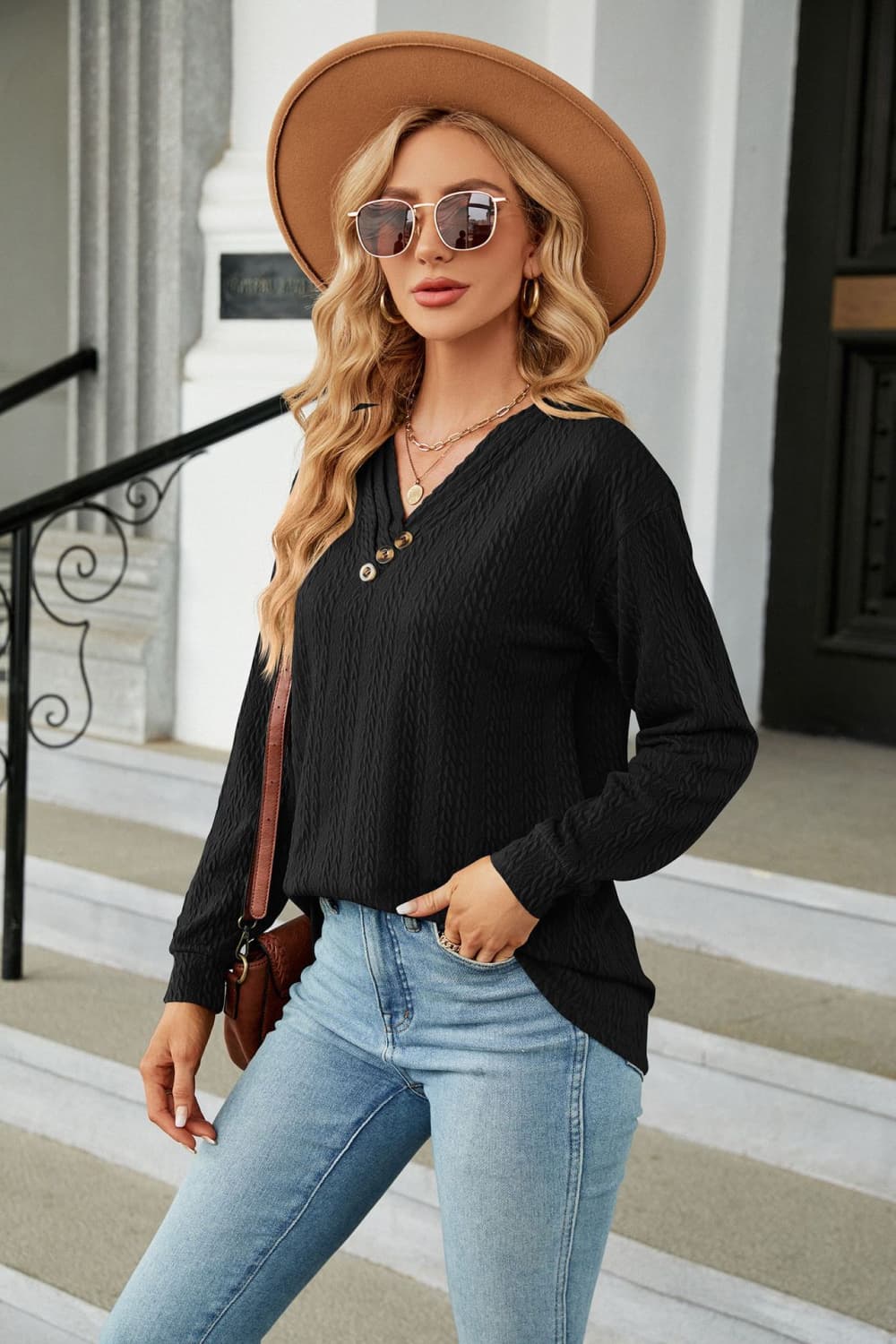 Decorative Button V-Neck Long Sleeve T-Shirt BLUE ZONE PLANET