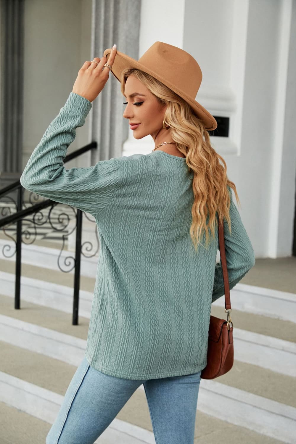 Decorative Button V-Neck Long Sleeve T-Shirt BLUE ZONE PLANET