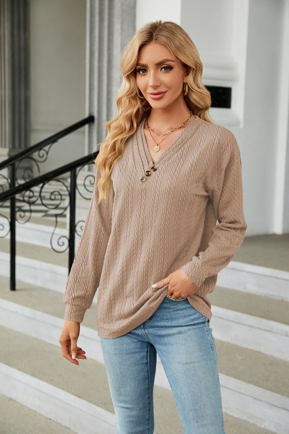 Decorative Button V-Neck Long Sleeve T-Shirt BLUE ZONE PLANET