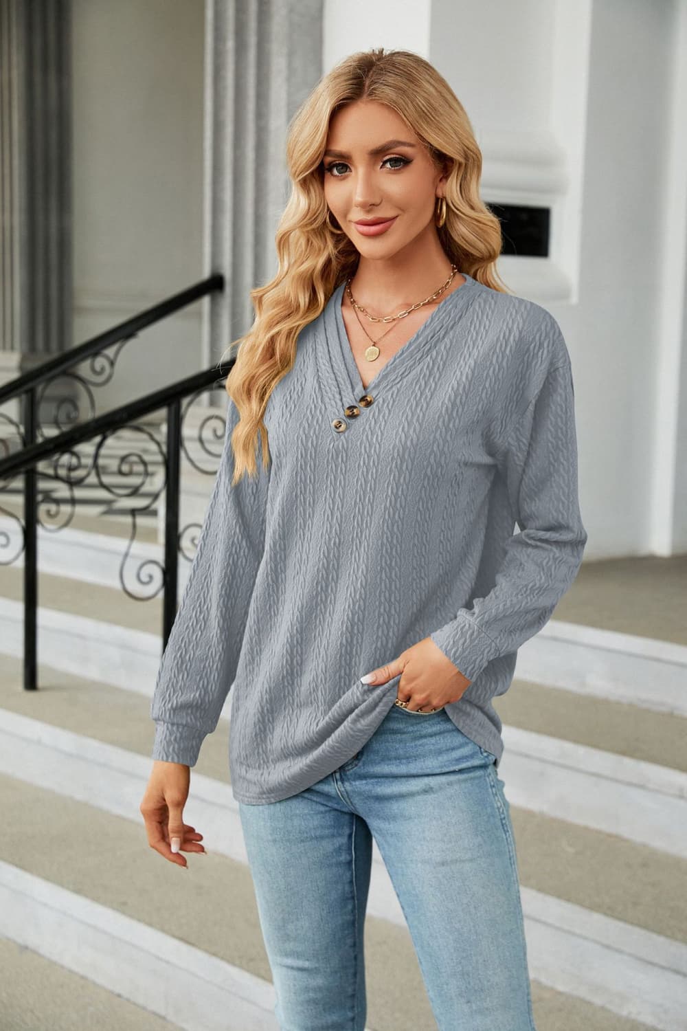 Decorative Button V-Neck Long Sleeve T-Shirt BLUE ZONE PLANET