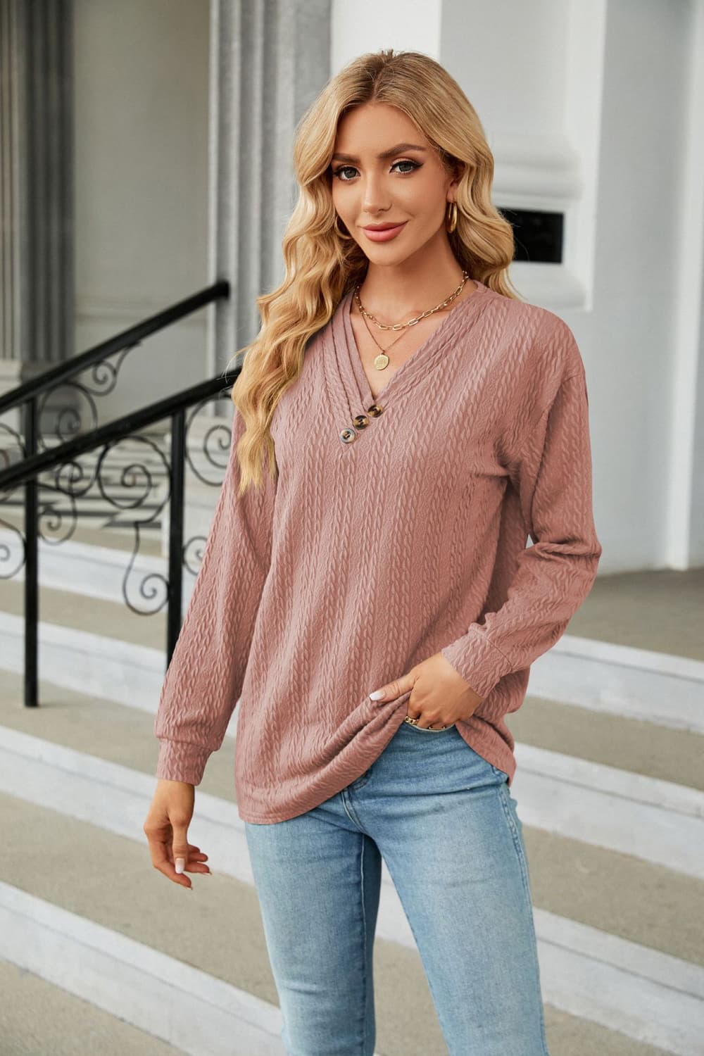 Decorative Button V-Neck Long Sleeve T-Shirt BLUE ZONE PLANET
