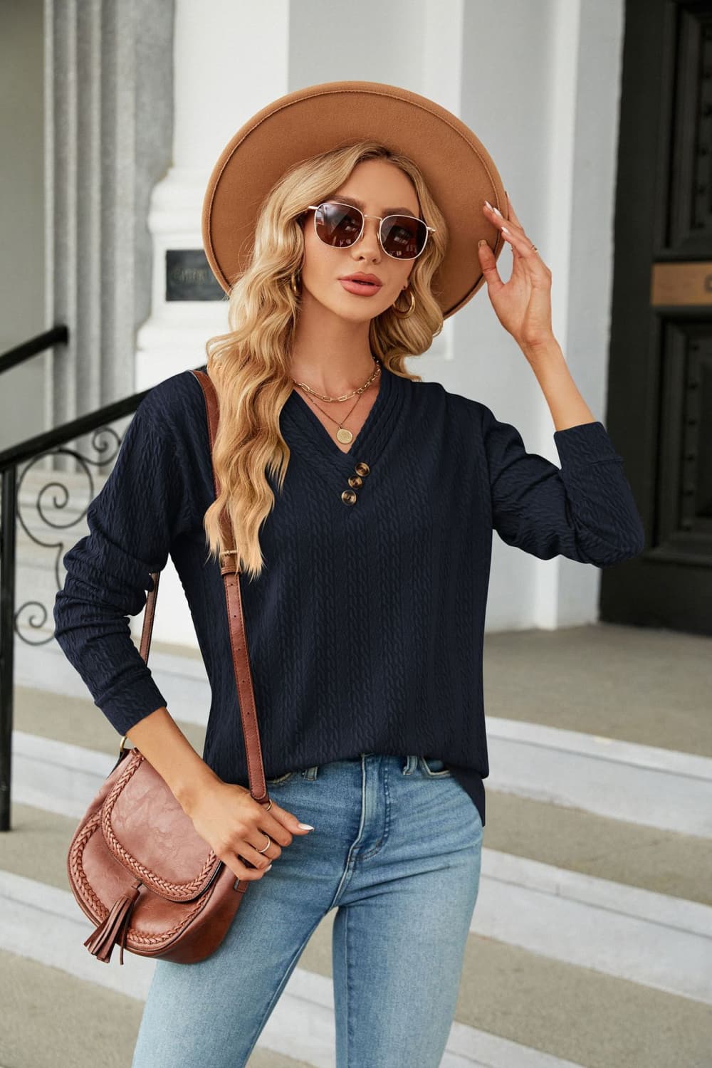 Decorative Button V-Neck Long Sleeve T-Shirt BLUE ZONE PLANET