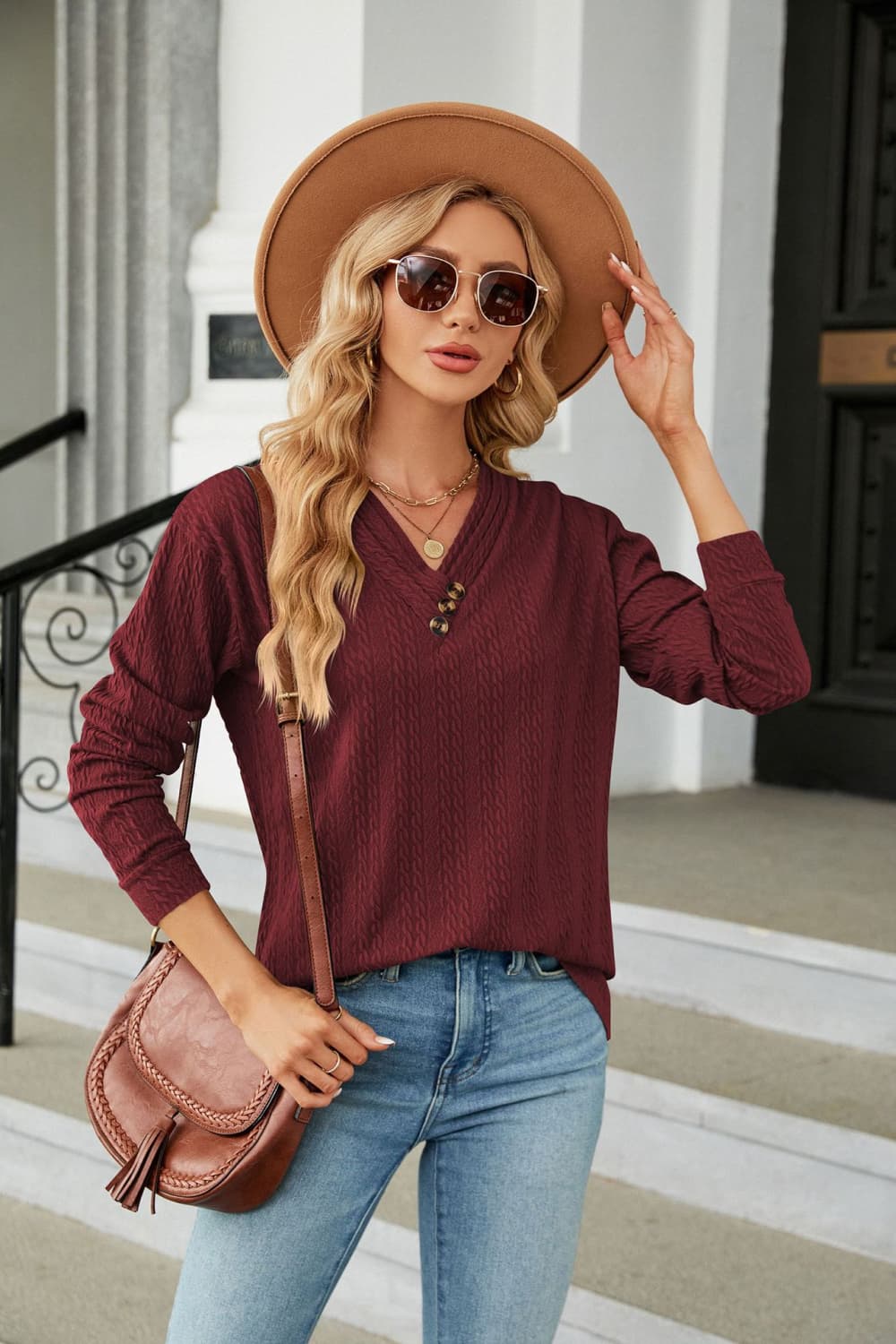 Decorative Button V-Neck Long Sleeve T-Shirt BLUE ZONE PLANET