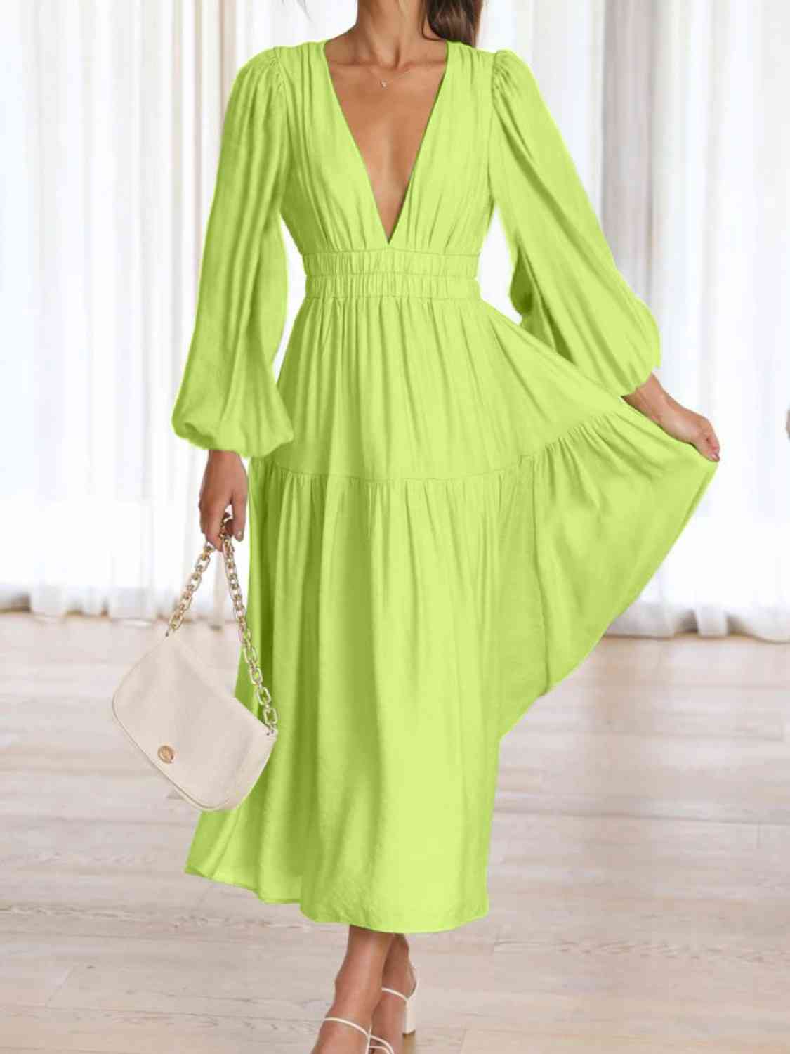 Deep V-Neck Balloon Sleeve Plain Maxi Dress BLUE ZONE PLANET