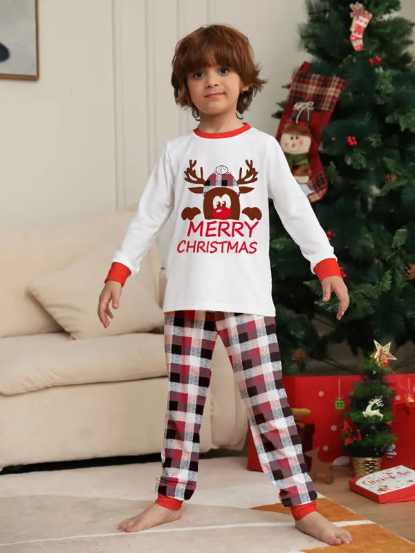 Deer head letter print Christmas parent-child plaid long-sleeved home clothes two-piece set kakaclo