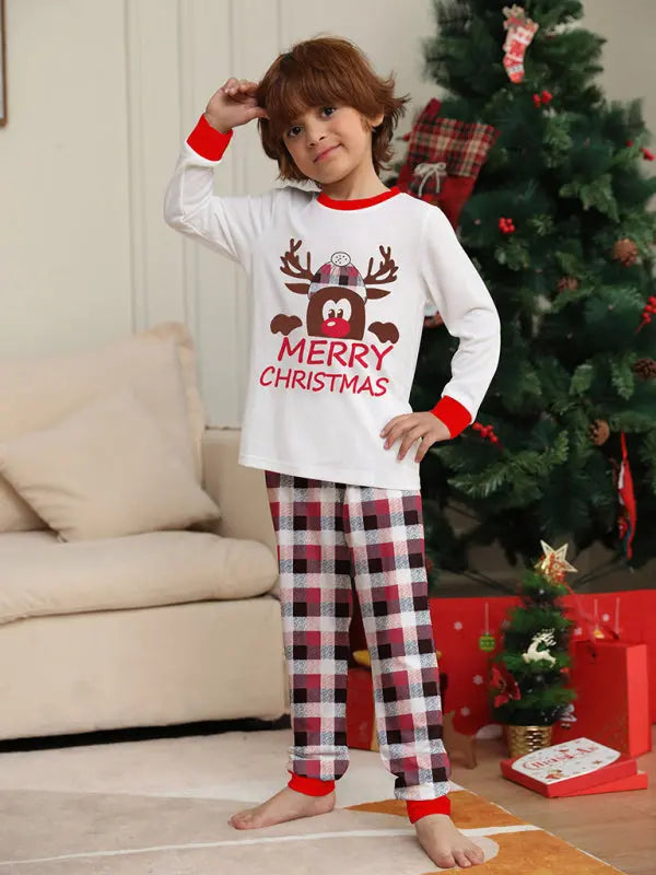 Deer head letter print Christmas parent-child plaid long-sleeved home clothes two-piece set kakaclo