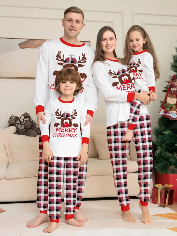 Deer head letter print Christmas parent-child plaid long-sleeved home clothes two-piece set kakaclo