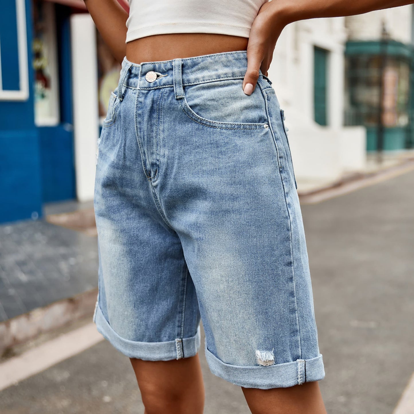 Distressed Buttoned Denim Shorts with Pockets BLUE ZONE PLANET