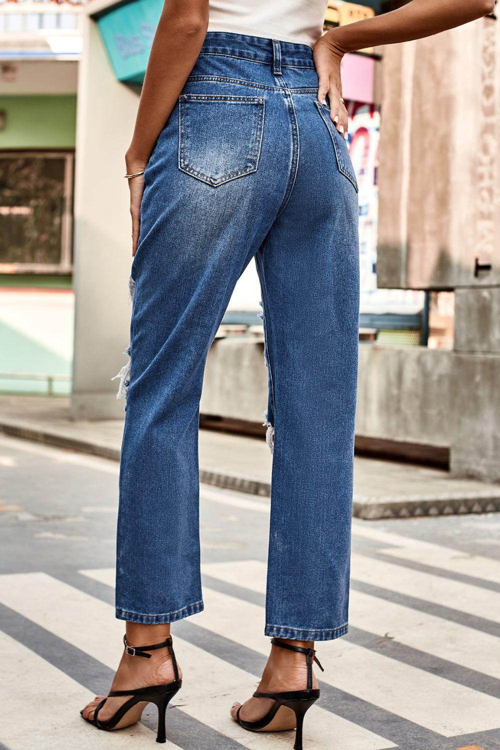 Distressed Buttoned Jeans with Pockets BLUE ZONE PLANET
