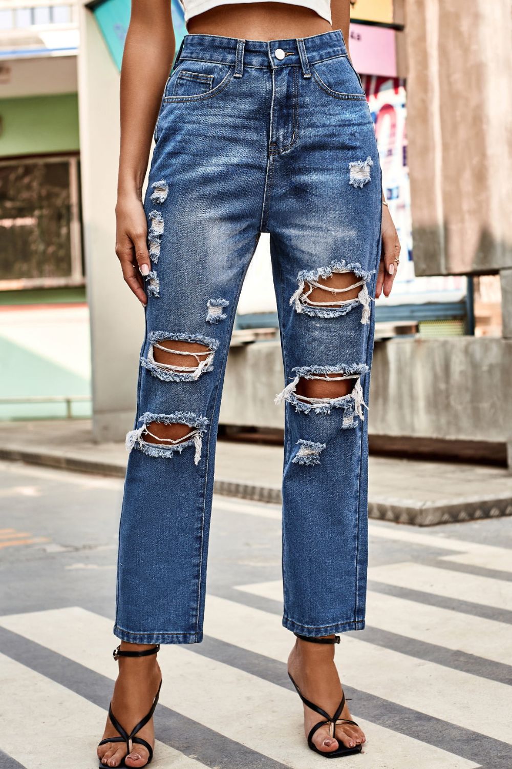 Distressed Buttoned Jeans with Pockets BLUE ZONE PLANET