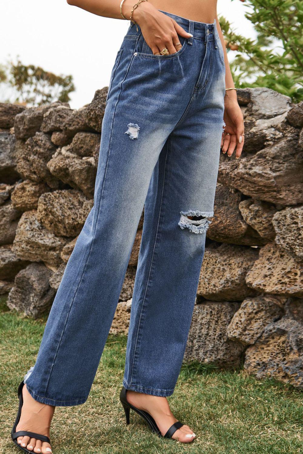 Distressed Buttoned Loose Fit Jeans BLUE ZONE PLANET