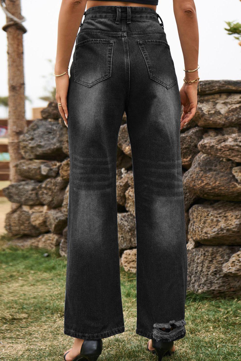 Distressed Buttoned Loose Fit Jeans BLUE ZONE PLANET