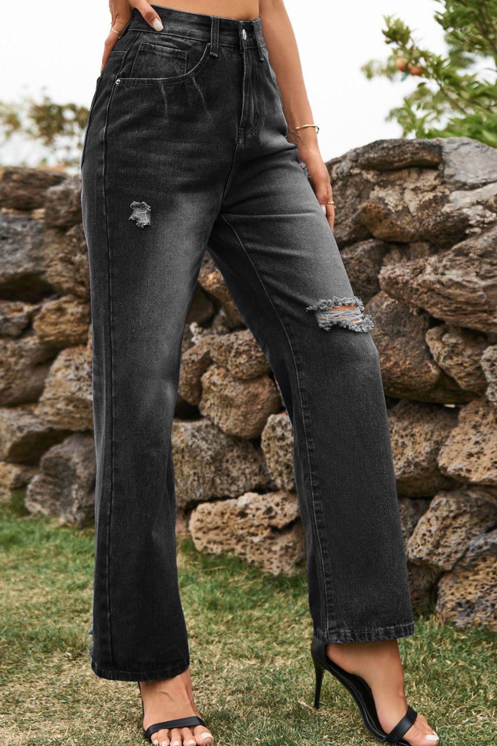 Distressed Buttoned Loose Fit Jeans BLUE ZONE PLANET