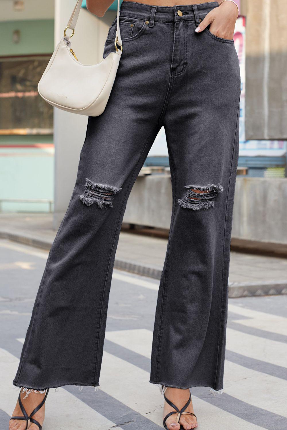 Distressed Buttoned Loose Fit Jeans BLUE ZONE PLANET