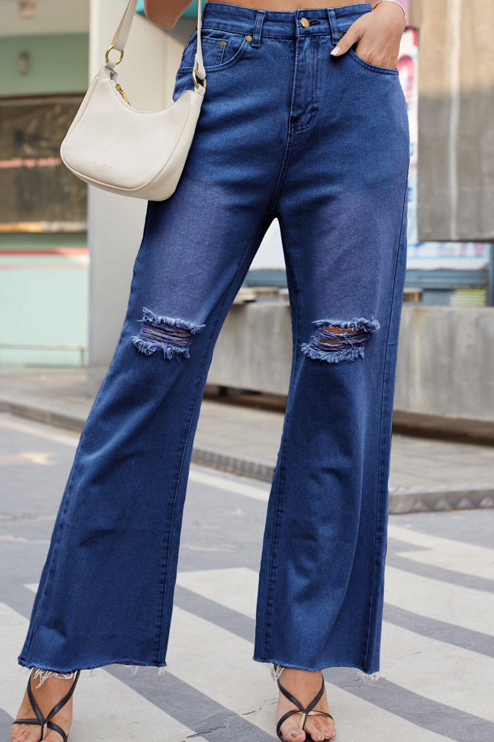 Distressed Buttoned Loose Fit Jeans BLUE ZONE PLANET