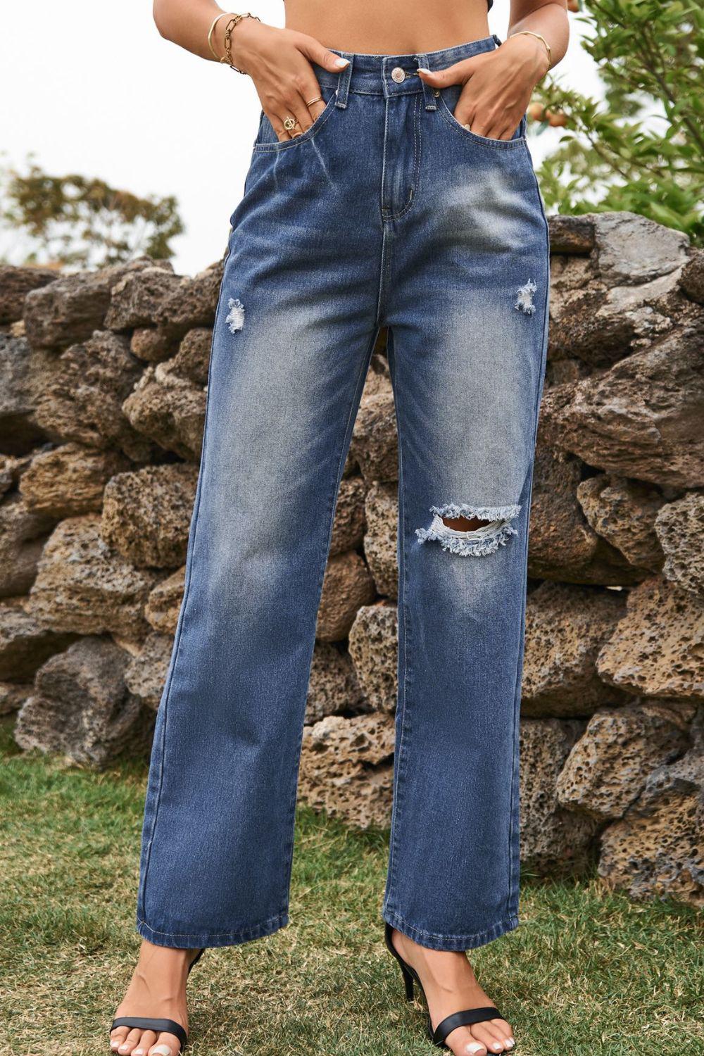 Distressed Buttoned Loose Fit Jeans BLUE ZONE PLANET