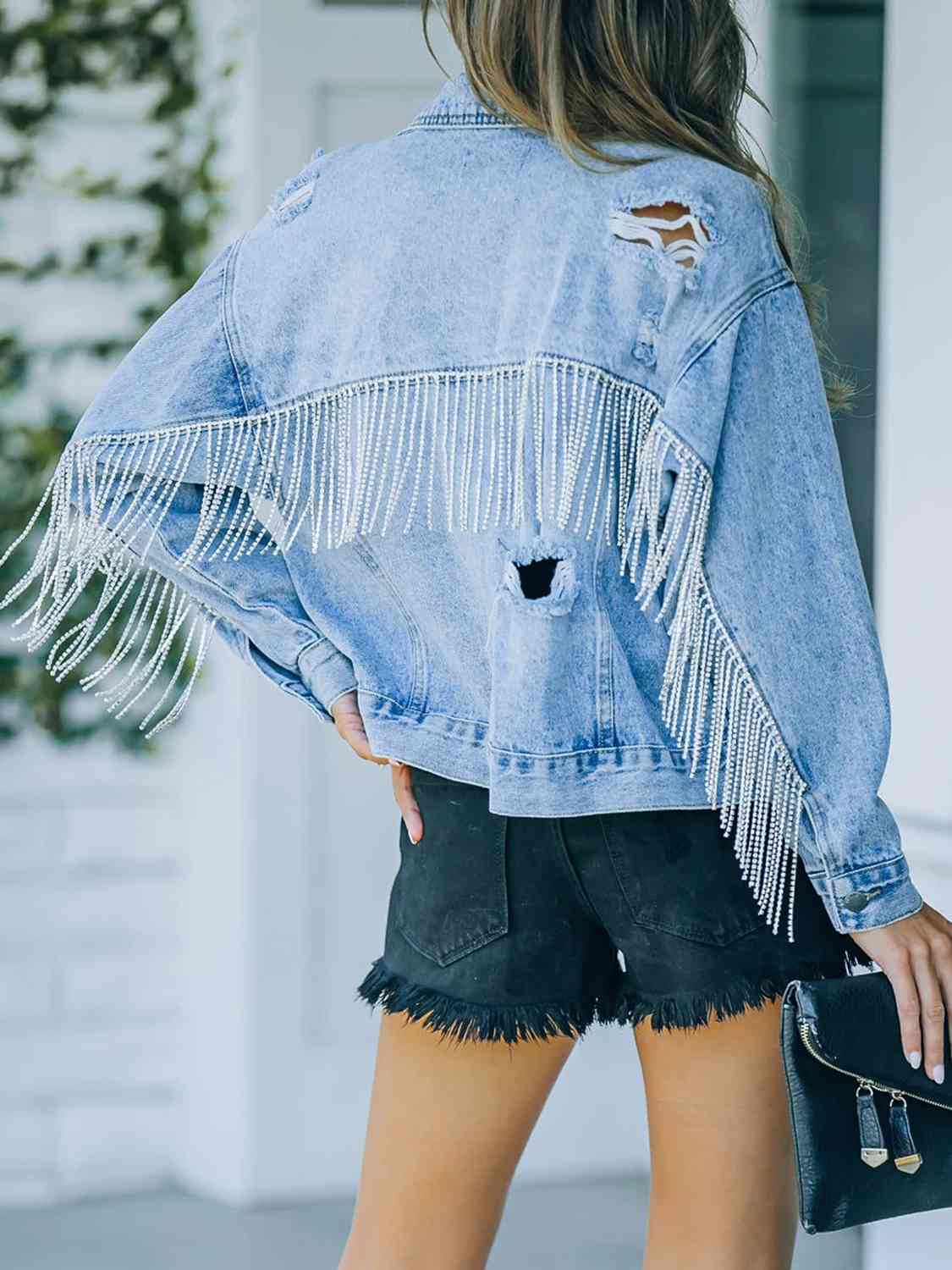 Distressed Fringe Denim Jacket BLUE ZONE PLANET