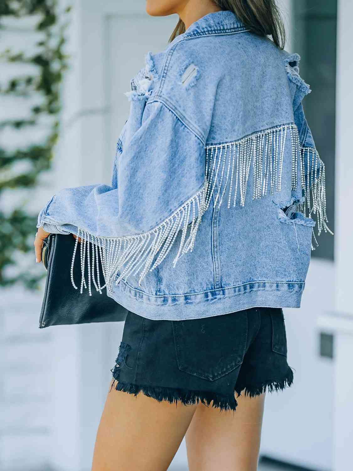 Distressed Fringe Denim Jacket BLUE ZONE PLANET