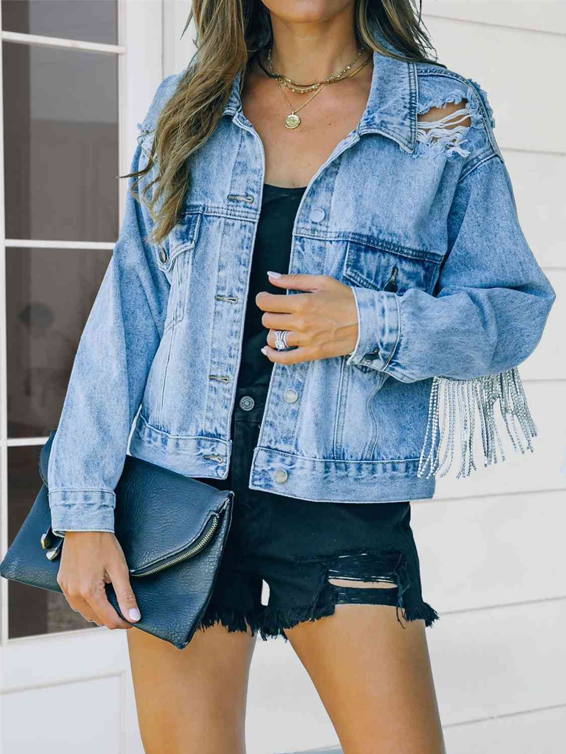 Distressed Fringe Denim Jacket BLUE ZONE PLANET
