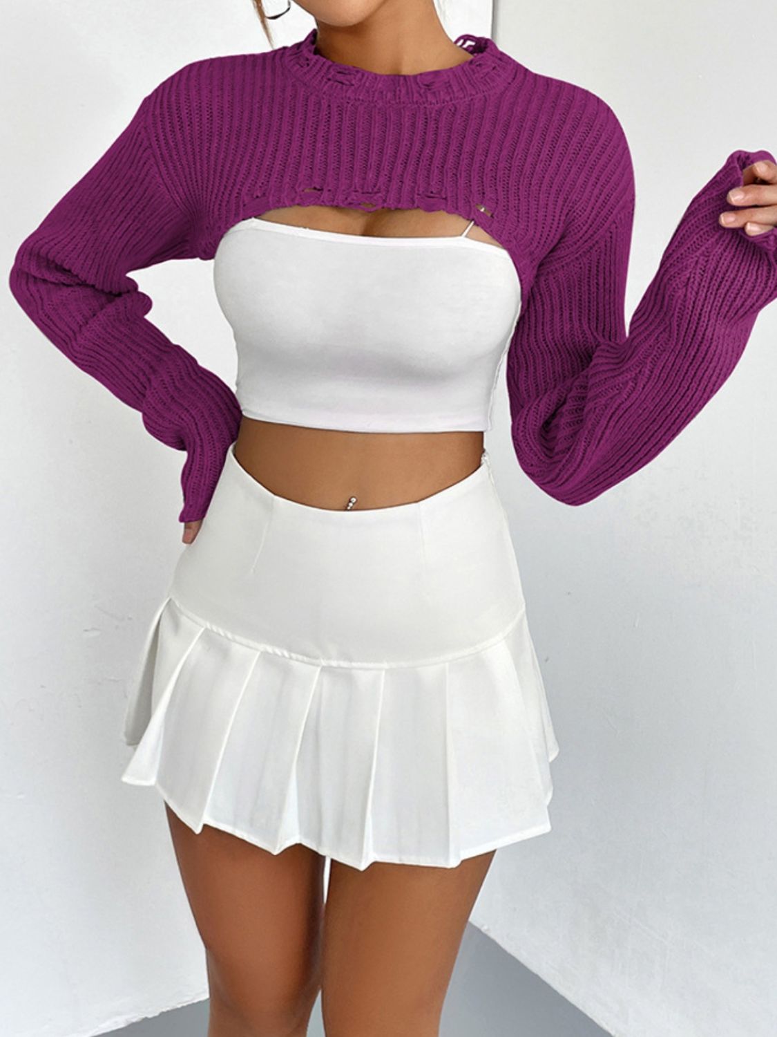 Distressed Long Sleeve Cropped Sweater BLUE ZONE PLANET