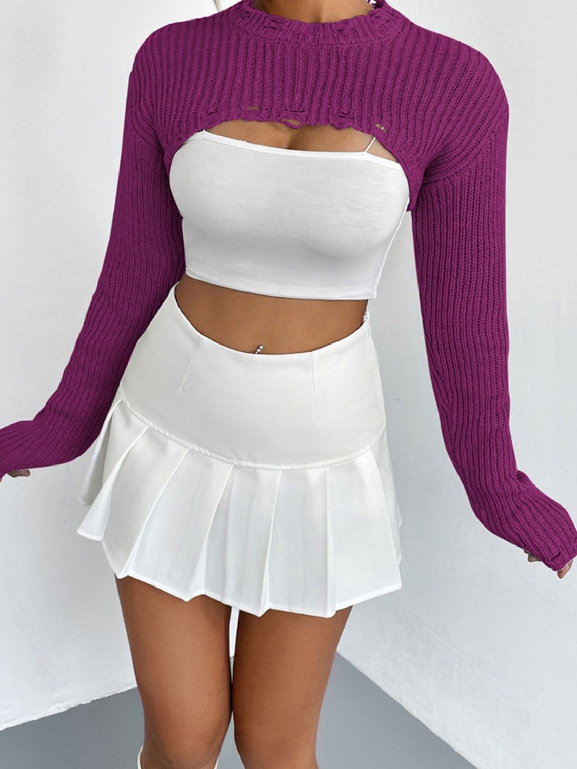 Distressed Long Sleeve Cropped Sweater BLUE ZONE PLANET