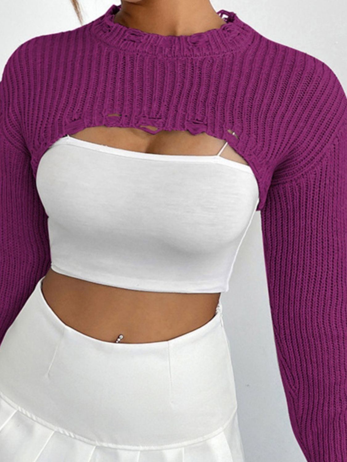 Distressed Long Sleeve Cropped Sweater BLUE ZONE PLANET