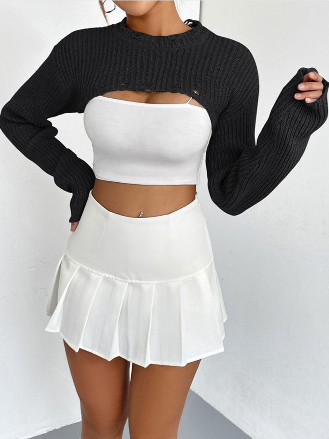 Distressed Long Sleeve Cropped Sweater BLUE ZONE PLANET