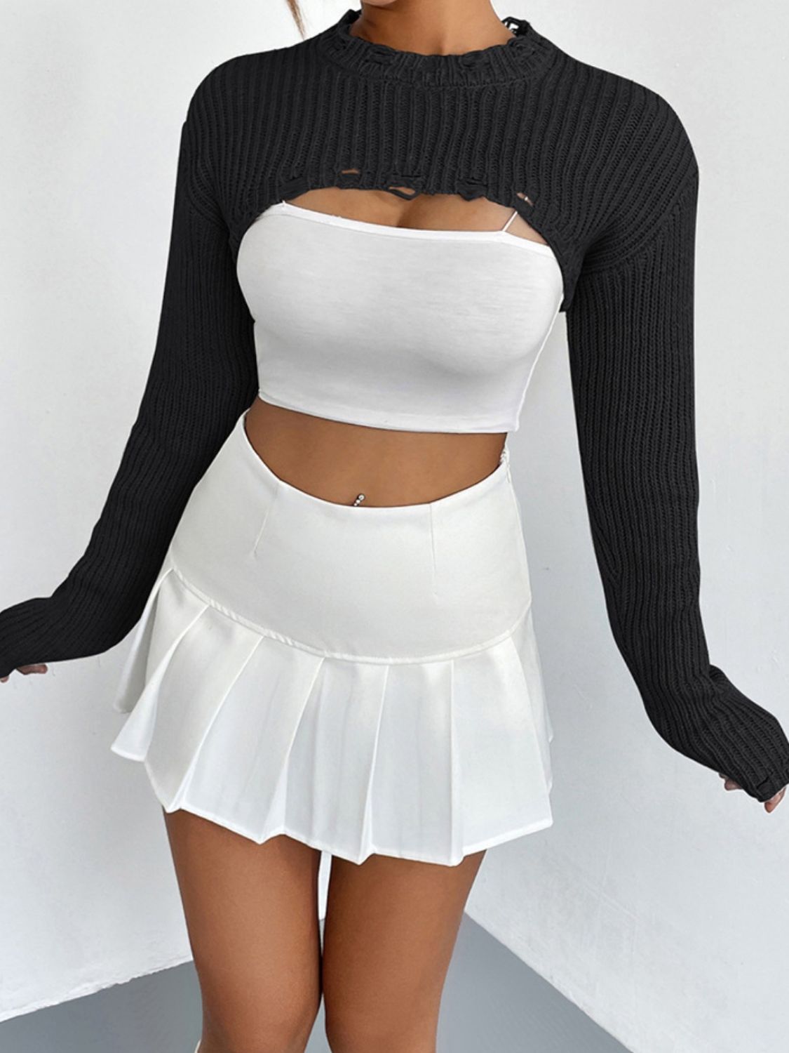 Distressed Long Sleeve Cropped Sweater BLUE ZONE PLANET