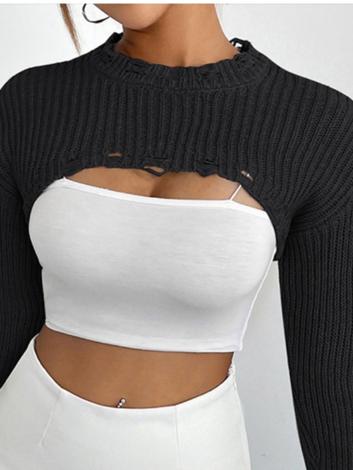 Distressed Long Sleeve Cropped Sweater BLUE ZONE PLANET